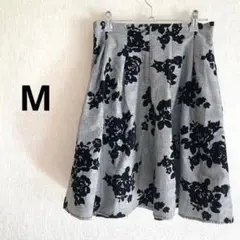 美品 薔薇柄 グレンチェック スカート M ウエストゴム グレー 綺麗セレモニー
