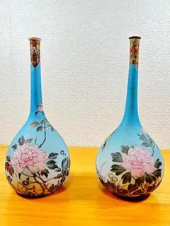 【 D356 】 超別格品　明治期尾張七宝上手作品　茄子紺地銀線七宝花々文花瓶 七宝焼 尾張七宝 花瓶 茄子紺地山鳩に桜の図 明治期 時代物 15.2