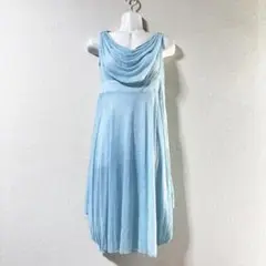 美品　水色ドレープネックノースリーブワンピース　ノビノビ生地　シアー生地