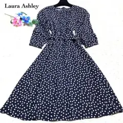 美品✨ローラアシュレイ フレアーワンピース ベルト♡ドット♡貝ボタン S M
