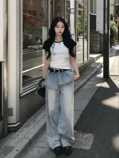 プリーツスカートレイヤードデニムパンツ