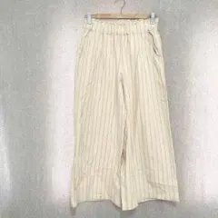 美品✦綿麻ワイドパンツ M-L アイボリーストライプ ウエストゴム ポケット付