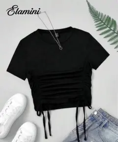 Elamini ブラック クロップドTシャツ 半袖