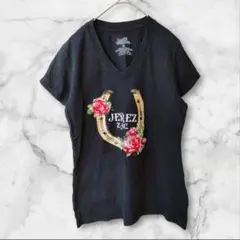 半袖Tシャツ　黒　花柄Vネック 　M
