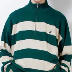 新品　ビバリーヒルズポロクラブ　ハーフジップ　ニット　 ストライプ　 グリーン系