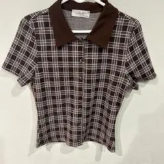 Sionhet 半袖ポロシャツ S ブラウンチェック　海外古着♡