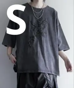 cussilクシル　ピグメントウォッシュ加工フラワー刺繍ハーフスリーブTシャツ