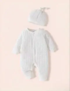 ベビー服 赤ちゃん服 ロンパース カバーオール 長袖 白 退院着 ベビー帽 50