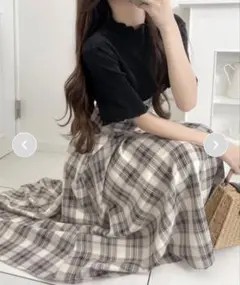MILY BILET 大人の愛されリボン プリーツドッキングチェックワンピース