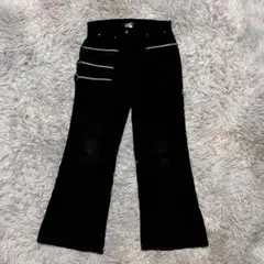【イタリヤ】ジップデザインフレアパンツ 黒 ベロア調 ストレッチ素材JC579