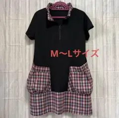 【⭐️半袖チュニック★黒とチェック柄★M〜Lサイズ★ゆったり体型カバー】