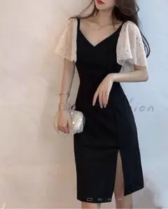 黒のパフスリーブミニワンピース
