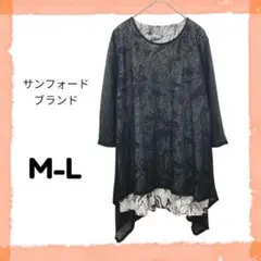 レディース 7分袖 カットソー M L 黒 白 花柄 重ね着風 透け感 春 夏