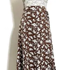 ❤️美品 ラトータリテ ブラウン 光沢サテン フラワー柄 ラップ風ロングスカート