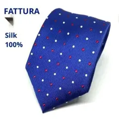 FATTURA ネクタイ　青　白×赤ドット柄　ハンドメイド　シルク100%