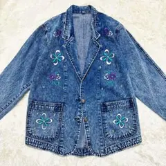 【一点物】ヴィンテージ お花 刺繍 デニム ロングジャケット インディゴ L