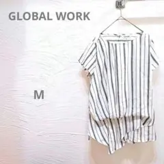【グローバルワーク】シフォン アシンメトリーブラウス ストライプ チュニック M