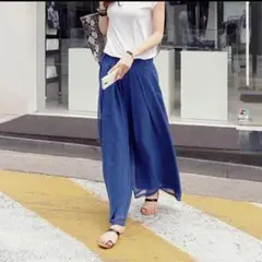 【残り3点】レディース シフォン ガウチョパンツ ワイドパンツ ブルー 青 韓国