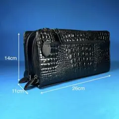 黒クロコ型押し メンズ ダブルファスナーBOX型多機能クラッチバッグ