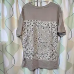 バンダナ柄パッチワークデザイン ベージュ Tシャツ Lサイズ