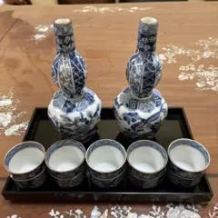 希少！龍峰窯 祥瑞花鳥ひさご型酒器揃 徳利2個・受け台1個・おちょこ5個