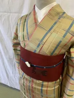 ○オシャレ○正絹 着物 銘仙風 チェック レトロ アンティーク モダン ベージュ