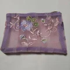 刺繍メッシュ パープル×ピンク ポーチ 16×11㎝