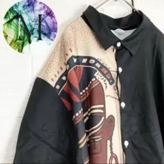 新品　未使用　エスニック　民族　アロハ　シャツ　メンズ　マーク　ロゴ　総柄　黒