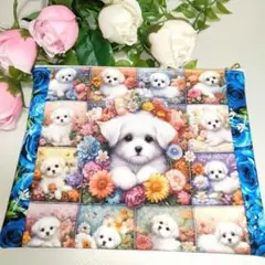 犬と花のデザインポーチ 約25cm x 20cm