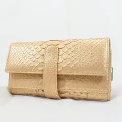 ☆美品☆ 三宝 ヘビ革 パイソン 蛇革 レザー 長財布 多収納 ゴールド　金運