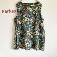【美品】Parkes パークス ボタニカル柄 ノースリーブ ブラウス 緑 花柄