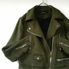 【匿名配送】ザラベーシック ダブルライダース ベロア カーキ きれいめ 極美品