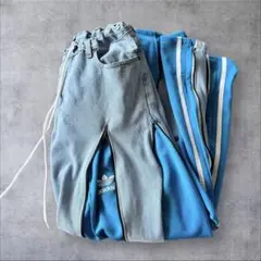 再構築　リメイクワイドデニム　パンツ　リメイク　サイドジップ　アディダス