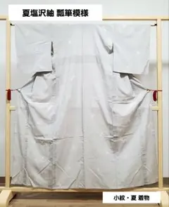 A 夏物 塩沢紬 瓢箪模様 白色 グレー 薄物 絽 紗 小紋 着物