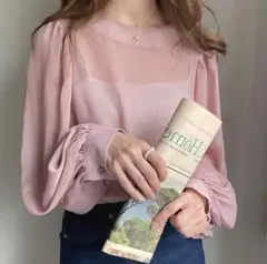 ジュノアJUNOAH バルーンスリーブシアーブラウス新品未使用ピンクベージュL