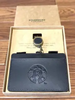 新品　スターバックス　パスケース　黒色　皮　延長チェーン付