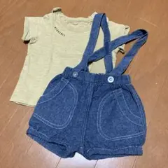 ベージュTシャツとデニムサロペットセット 70cm
