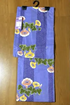 【新品級美品】タグ躾糸付　浴衣　高級御仕立て　花柄朝顔　藤紫色　フリーサイズ　綿