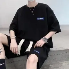 ワッフル 黒 メンズ ショートパンツ 2点セット カジュアル ゆったり 2XL