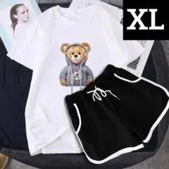 新品 ルームウェア セットアップ 上下セット 半袖 XL くま ホワイト 白