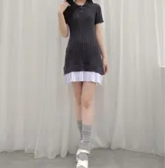 MERCURYDUO 異素材プリーツドッキングポロ襟ニットミニワンピ グレー