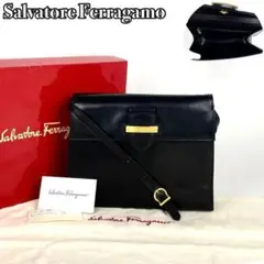 フェラガモ ショルダーバッグ 斜め掛け ゴールド金具 オールレザー ブラック