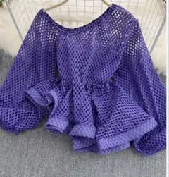 メッシュトップス　メッシュペプラムトップス　ボリュームメッシュトップス　パープル