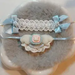 ブルー うさぎ リボン ぬいぐるみ スタイ ヘッドドレス ぬい服 セット