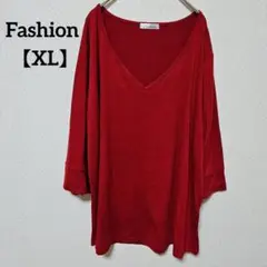 Fashion【XL】シンプルなデザインの赤い長袖チュニック無地七分丈　Vネック