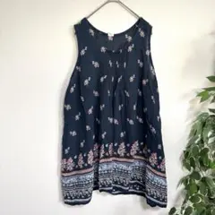 リネンコットンチュニック　ノースリーブ　薄手トップス　M-L 花柄　ノンノ　春夏