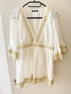 ビジュー シフォン トップス ゴールド シースルー シアー リゾート レディース