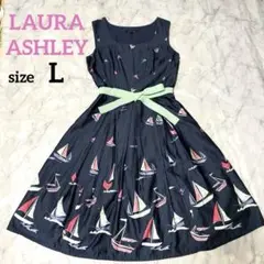 【ローラアシュレイ】ヨット柄 ノースリーブワンピース　11号リボン Aライン