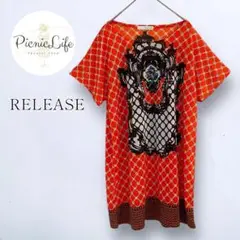美品【RELEASE】総柄アートプリント半袖カットソーチュニック Tシャツ M