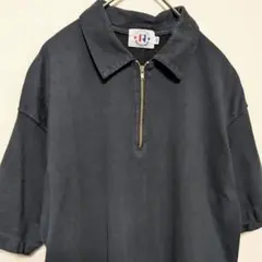【90s古着】ハーフジップ半袖ポロシャツ黒ツートーン良ワッペン